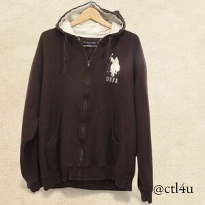 U.S. Polo Assn Brown Full Zip Thick Hoodie XL Logo Sweatshirt Casual Y2K Core